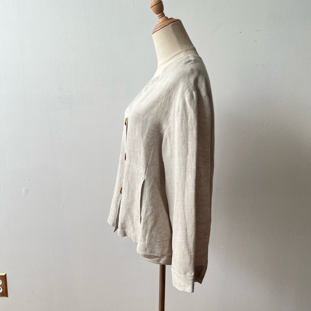 VINTAGE Linen Button V-Neck Beige Natural 3/4 Sleeve Top Womens Medium - Picture 4 of 9